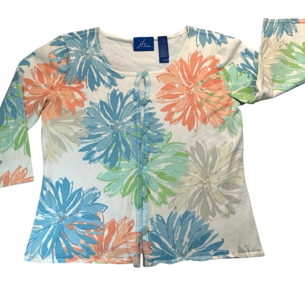 JH Collectibles floral sweater with blue flower buttons 3/4 sleeves size Medium